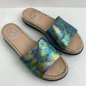 Kanna size 38/7.5 Women’s Green Blue Snake Print Espadrille Slide Sandals
